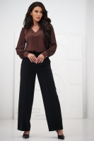 Elegancka bluzka damska z szyfonowym długim rękawem dekolt V mankiety z guzikiem - brąz